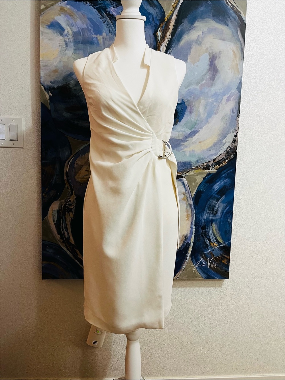 H&M Cream Sleeveless Wrap Midi Dress with Side O-Ring Detail